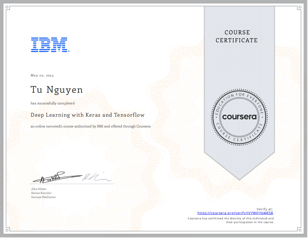 IBM Deep Learning with Keras and TensorFlow Certificate