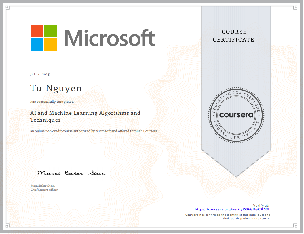 Microsoft AI & ML Algorithms and Techniques Certificate
