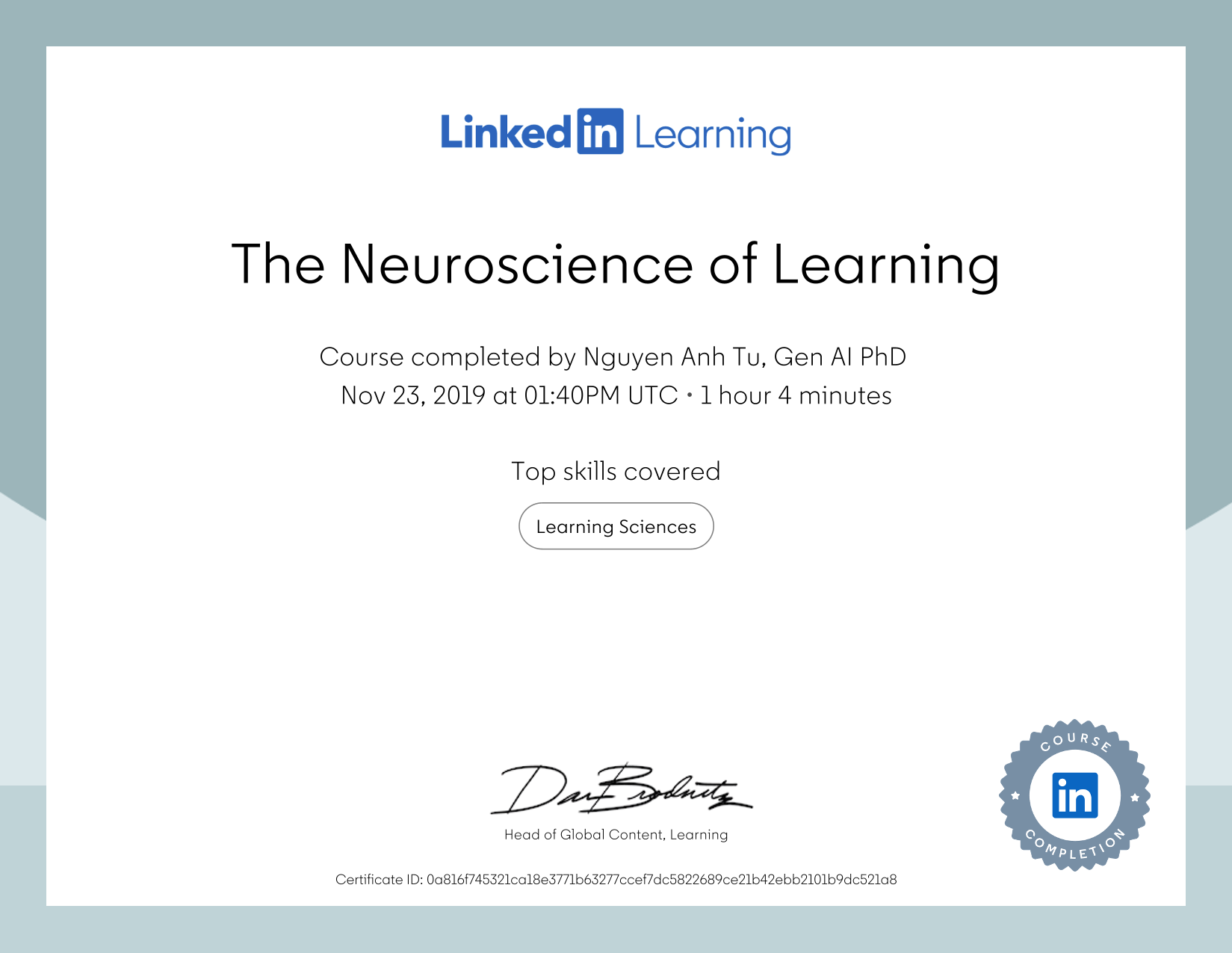 The Neuroscience of Learning certificate